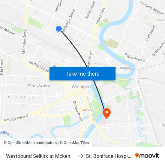 Westbound Selkirk at Mckenzie to St. Boniface Hospital map
