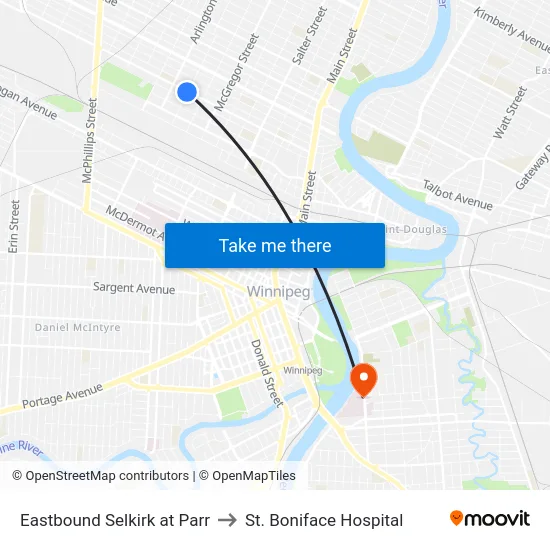 Eastbound Selkirk at Parr to St. Boniface Hospital map