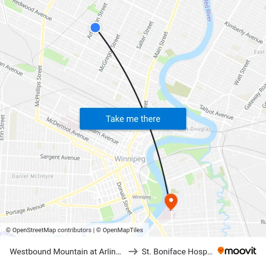 Westbound Mountain at Arlington to St. Boniface Hospital map