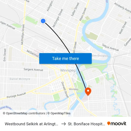 Westbound Selkirk at Arlington to St. Boniface Hospital map