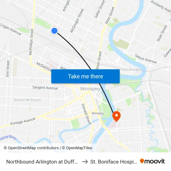 Northbound Arlington at Dufferin to St. Boniface Hospital map