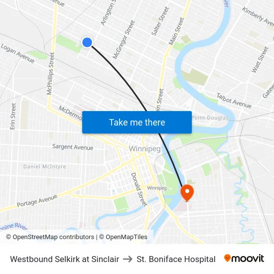 Westbound Selkirk at Sinclair to St. Boniface Hospital map