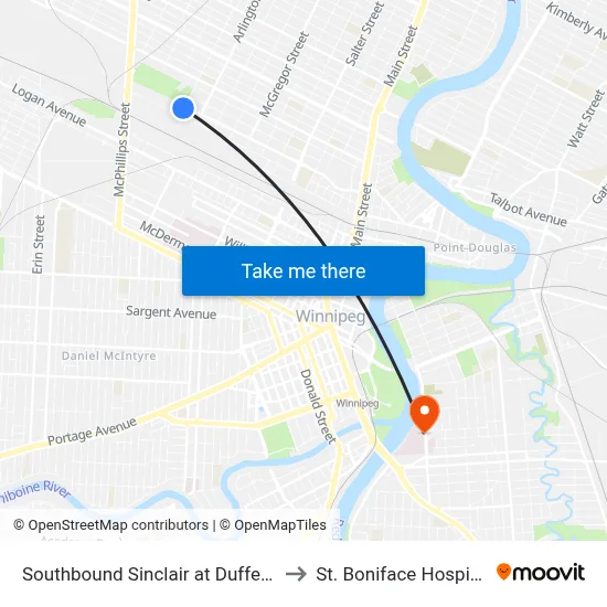 Southbound Sinclair at Dufferin to St. Boniface Hospital map