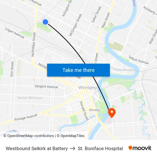 Westbound Selkirk at Battery to St. Boniface Hospital map