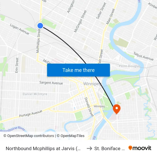 Northbound Mcphillips at Jarvis (Mcphillips Station) to St. Boniface Hospital map