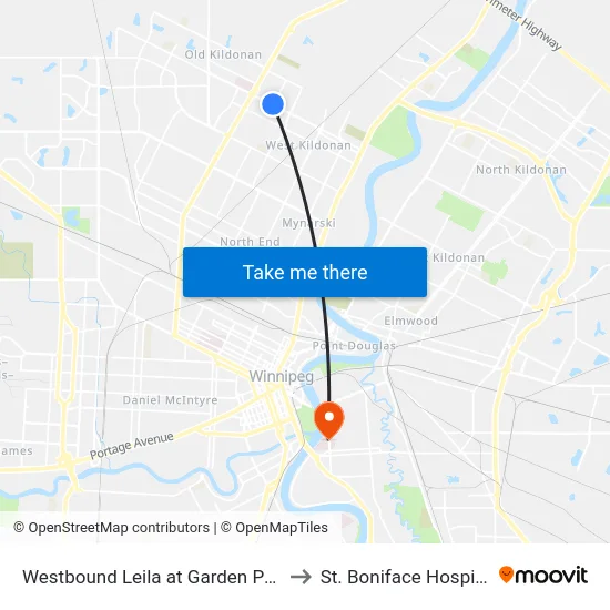 Westbound Leila at Garden Park to St. Boniface Hospital map