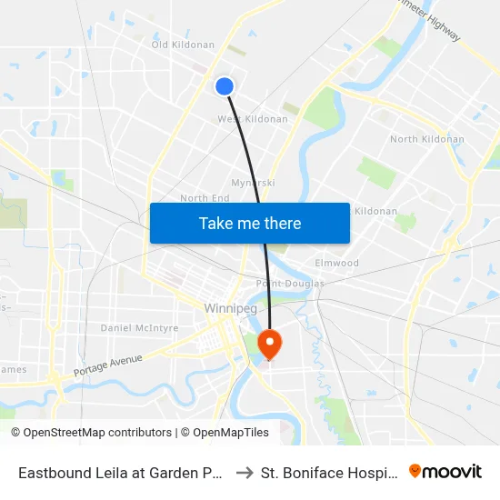 Eastbound Leila at Garden Park to St. Boniface Hospital map