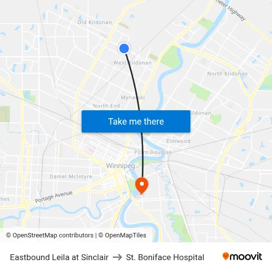 Eastbound Leila at Sinclair to St. Boniface Hospital map