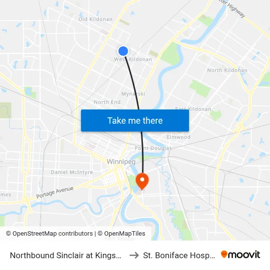 Northbound Sinclair at Kingsbury to St. Boniface Hospital map