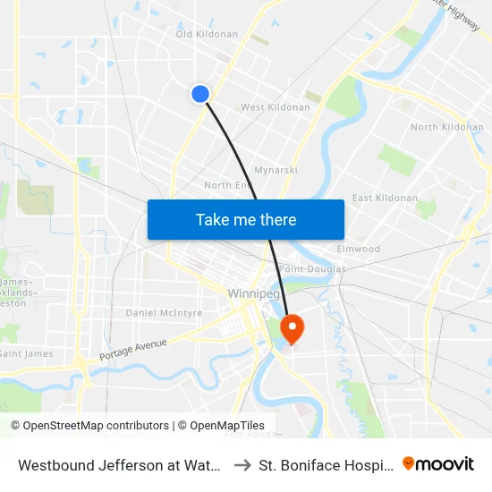 Westbound Jefferson at Watson to St. Boniface Hospital map