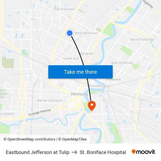 Eastbound Jefferson at Tulip to St. Boniface Hospital map