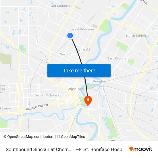 Southbound Sinclair at Cherryhill to St. Boniface Hospital map