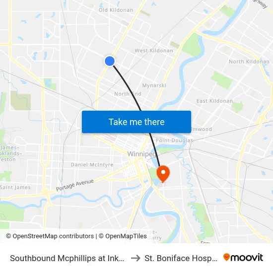 Southbound Mcphillips at Inkster to St. Boniface Hospital map