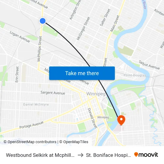 Westbound Selkirk at Mcphillips to St. Boniface Hospital map