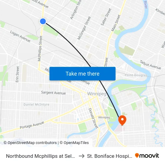 Northbound Mcphillips at Selkirk to St. Boniface Hospital map