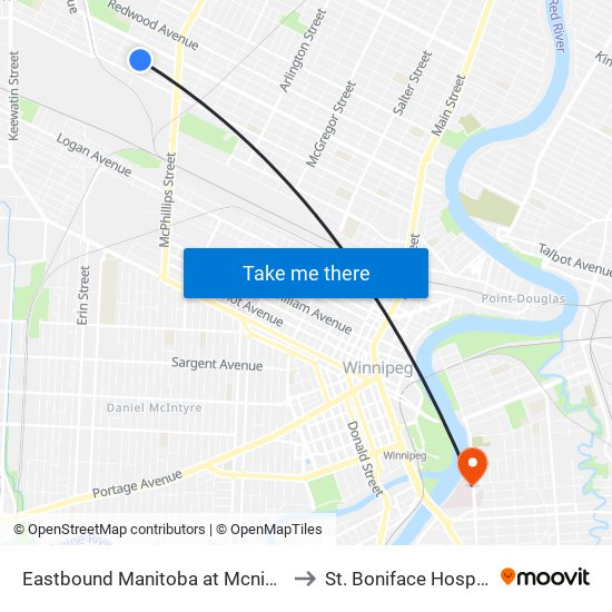 Eastbound Manitoba at Mcnichol to St. Boniface Hospital map