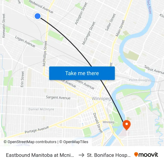 Eastbound Manitoba at Mcnichol to St. Boniface Hospital map