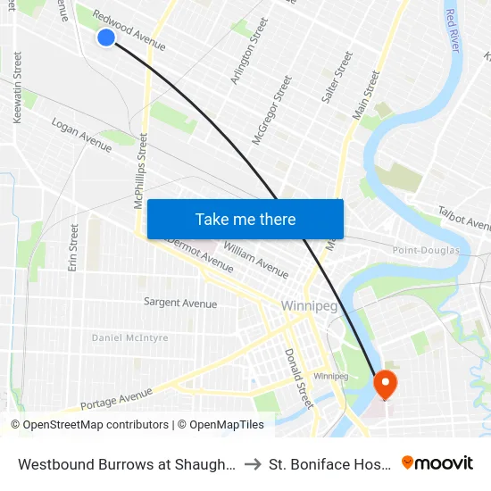 Westbound Burrows at Shaughnessy to St. Boniface Hospital map