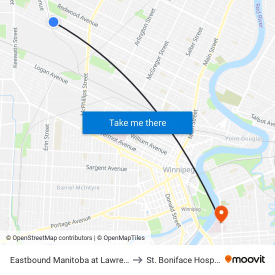 Eastbound Manitoba at Lawrence to St. Boniface Hospital map