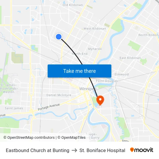 Eastbound Church at Bunting to St. Boniface Hospital map