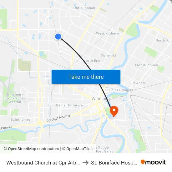 Westbound Church at Cpr Arborg to St. Boniface Hospital map