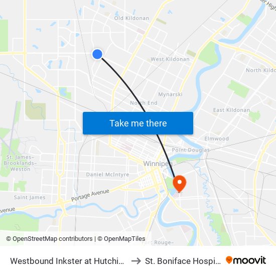 Westbound Inkster at Hutchings to St. Boniface Hospital map