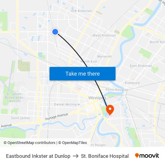 Eastbound Inkster at Dunlop to St. Boniface Hospital map