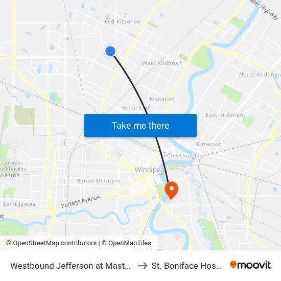 Westbound Jefferson at Masterton to St. Boniface Hospital map