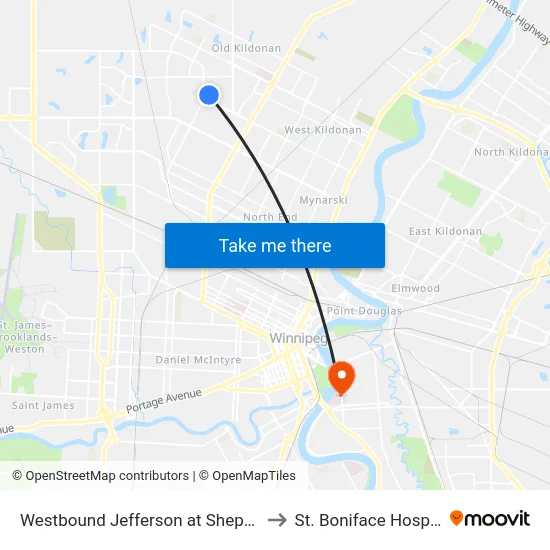 Westbound Jefferson at Sheppard to St. Boniface Hospital map