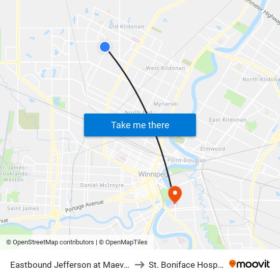 Eastbound Jefferson at Maevista to St. Boniface Hospital map