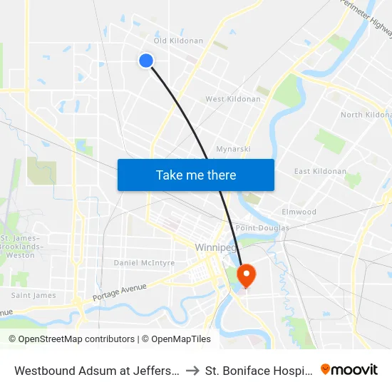 Westbound Adsum at Jefferson to St. Boniface Hospital map