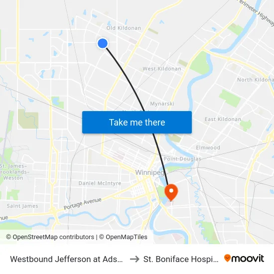 Westbound Jefferson at Adsum to St. Boniface Hospital map