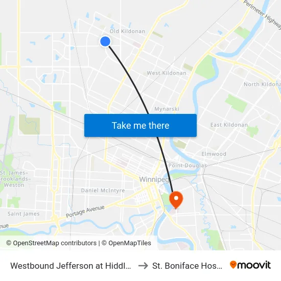 Westbound Jefferson at Hiddleston to St. Boniface Hospital map