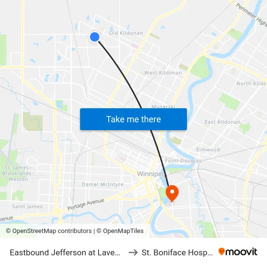 Eastbound Jefferson at Lavender to St. Boniface Hospital map