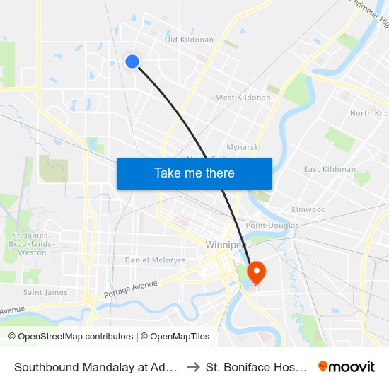 Southbound Mandalay at Adsum to St. Boniface Hospital map