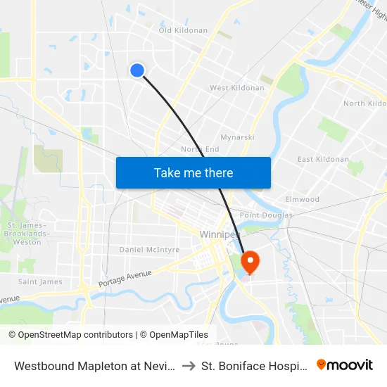 Westbound Mapleton at Neville to St. Boniface Hospital map