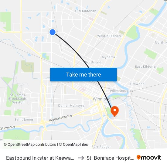 Eastbound Inkster at Keewatin to St. Boniface Hospital map