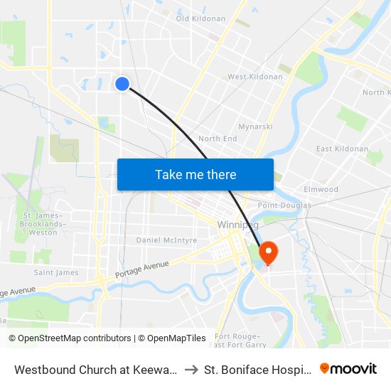 Westbound Church at Keewatin to St. Boniface Hospital map