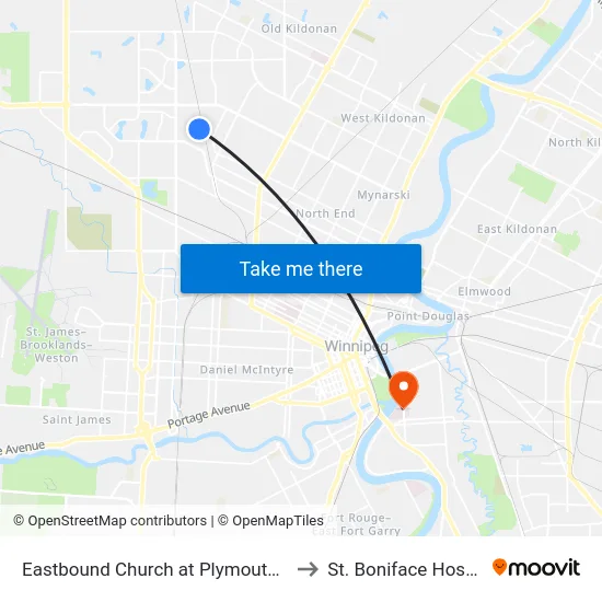 Eastbound Church at Plymouth East to St. Boniface Hospital map