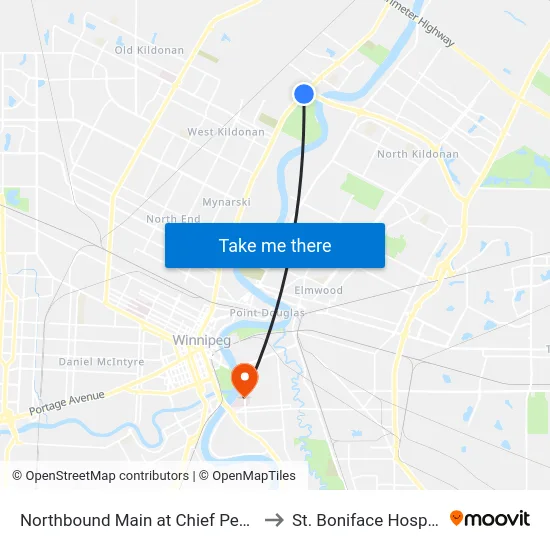 Northbound Main at Chief Peguis to St. Boniface Hospital map
