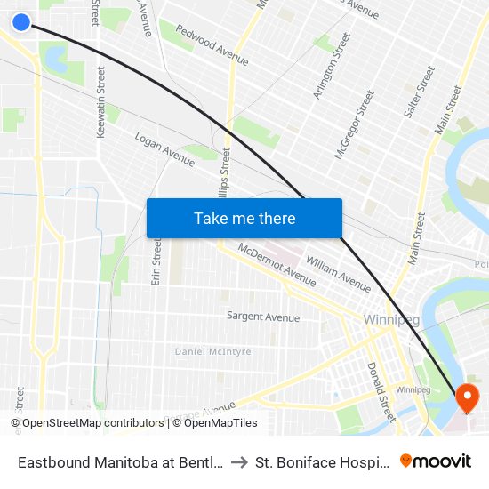 Eastbound Manitoba at Bentley to St. Boniface Hospital map