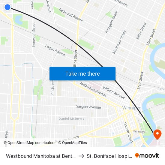 Westbound Manitoba at Bentley to St. Boniface Hospital map