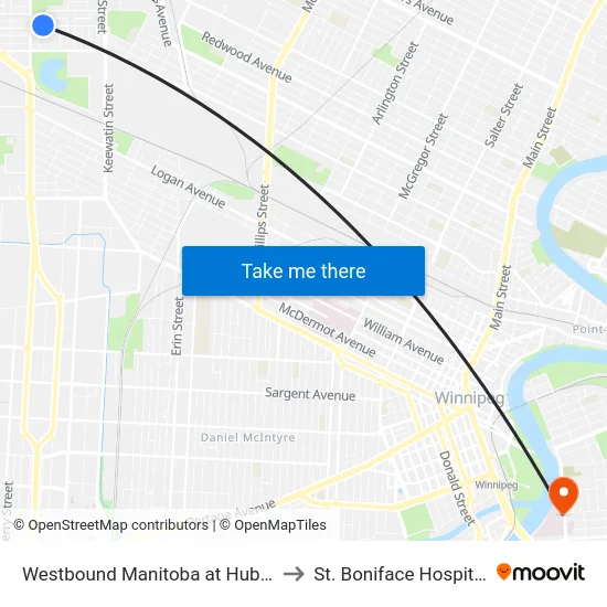 Westbound Manitoba at Huber to St. Boniface Hospital map
