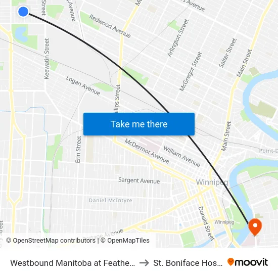 Westbound Manitoba at Featherstone to St. Boniface Hospital map
