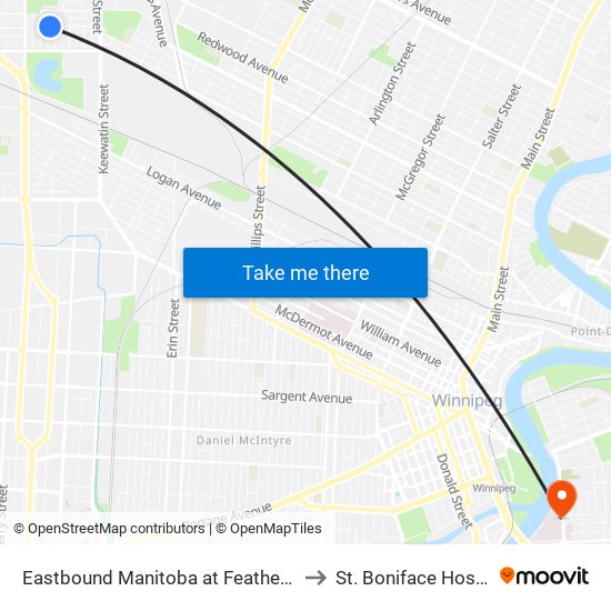 Eastbound Manitoba at Featherstone to St. Boniface Hospital map