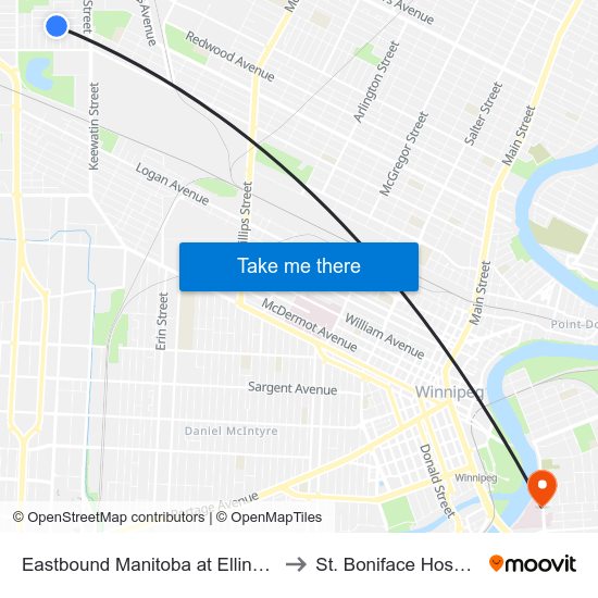 Eastbound Manitoba at Ellington to St. Boniface Hospital map