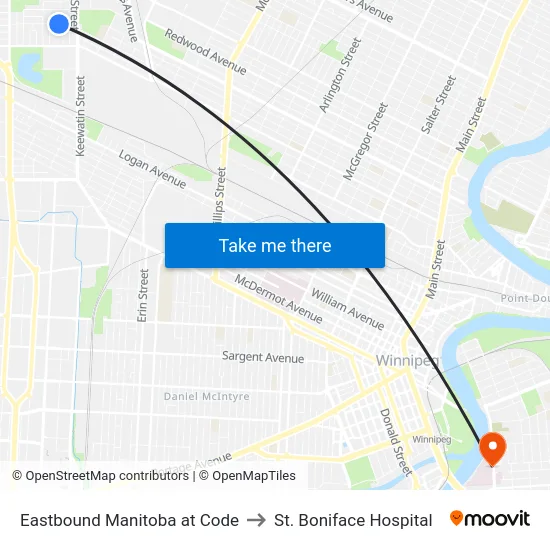 Eastbound Manitoba at Code to St. Boniface Hospital map
