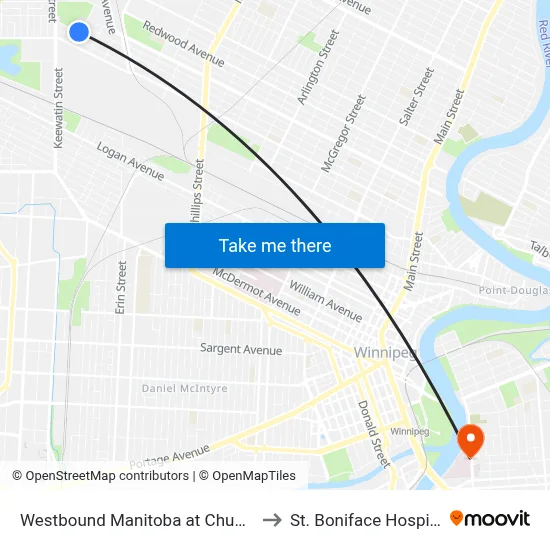 Westbound Manitoba at Chudley to St. Boniface Hospital map