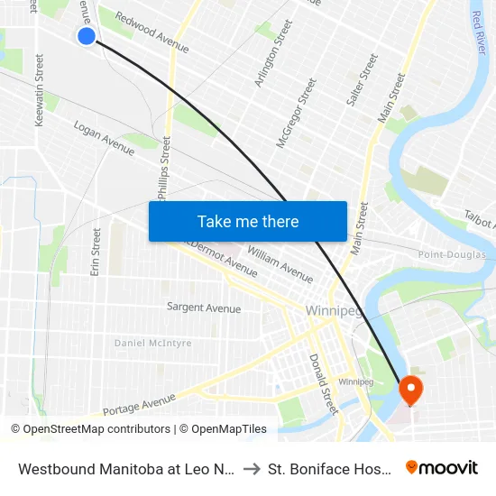 Westbound Manitoba at Leo Novak to St. Boniface Hospital map
