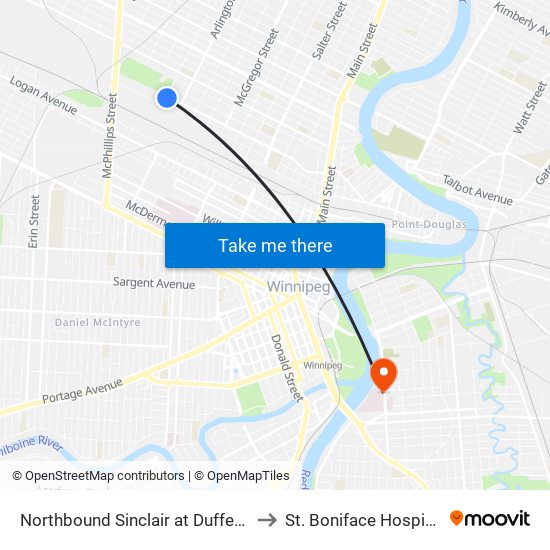 Northbound Sinclair at Dufferin to St. Boniface Hospital map